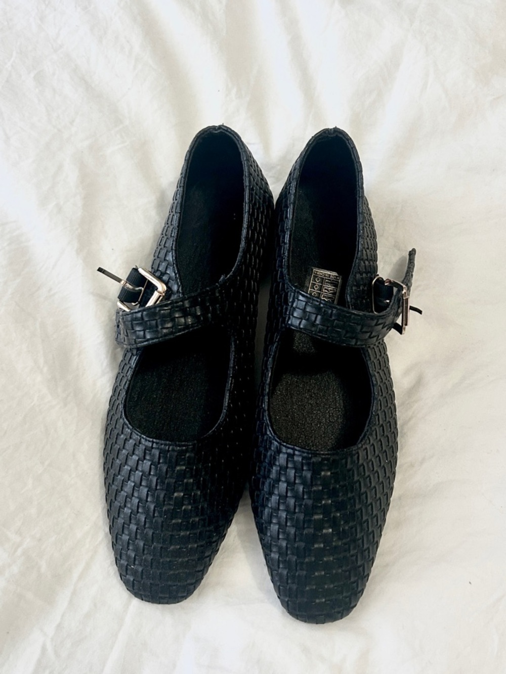 Woven Mary Jane Flats with Buckle Strap - Black